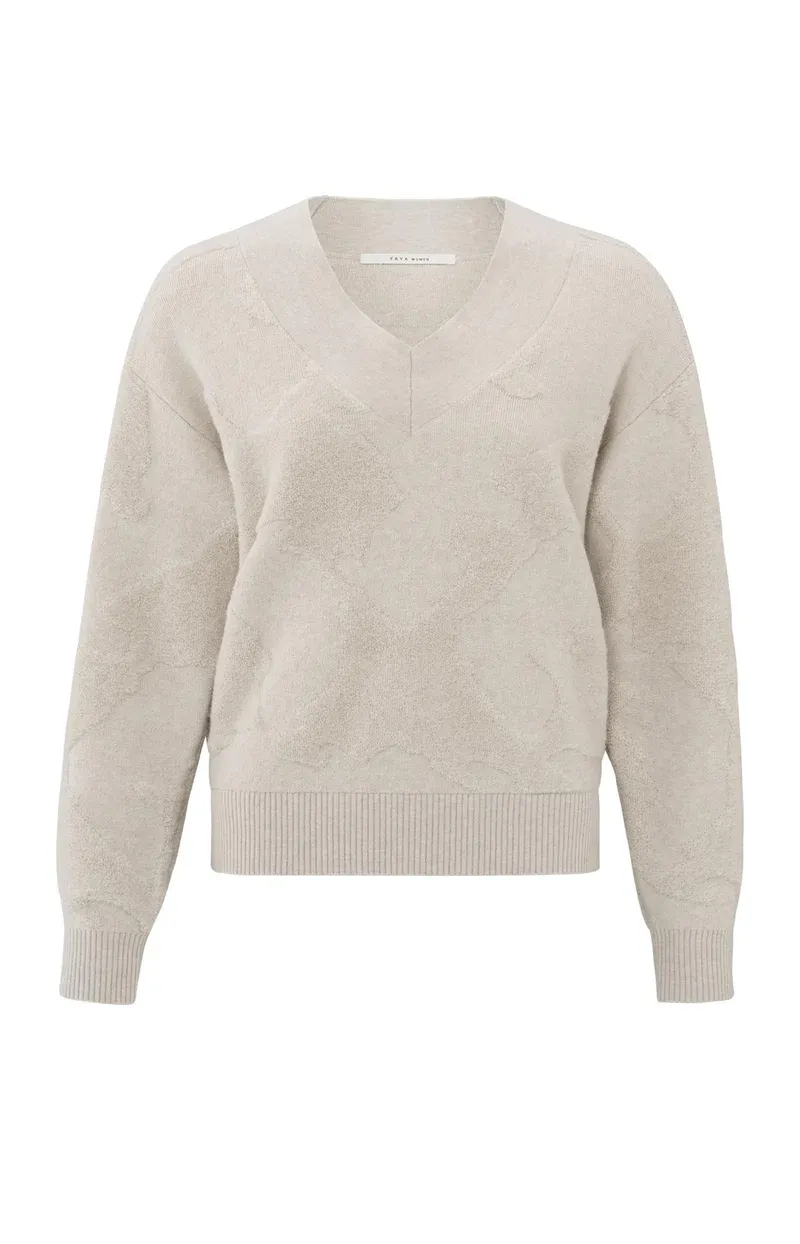 YaYa V-neck sweater with texture PUMICE STONE SAND 01-000438-501