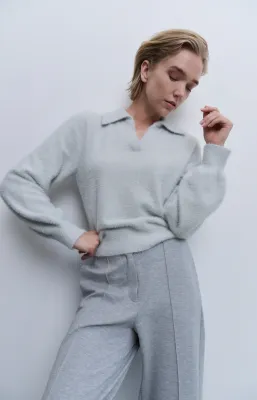 YaYa Fluffy polo sweater ls LIGHT GREY MELANGE 01-000429-501