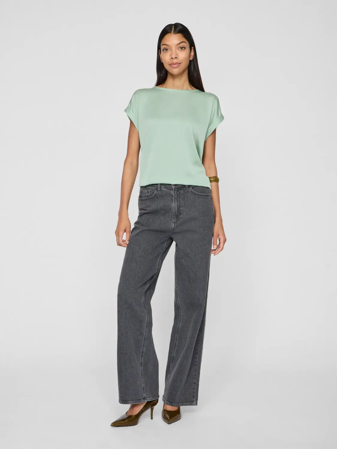 Vila VIELLETTE S/S SATIN TOP - NOOS Silt Green 14059563