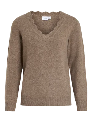 Vila VINIKOLINA V-NECK L/S KNIT TOP - NO: Falcon/MELANGE 14106344