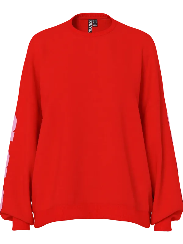 Pieces PCFANY LS O-NECK OVERSIZED SWEAT JR: Fiery Red/SANFRANSIS 17164992