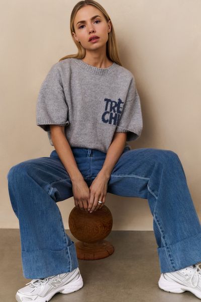 YaYa Short sleeve sweater with artw LIGHT GREY 01-000485-508