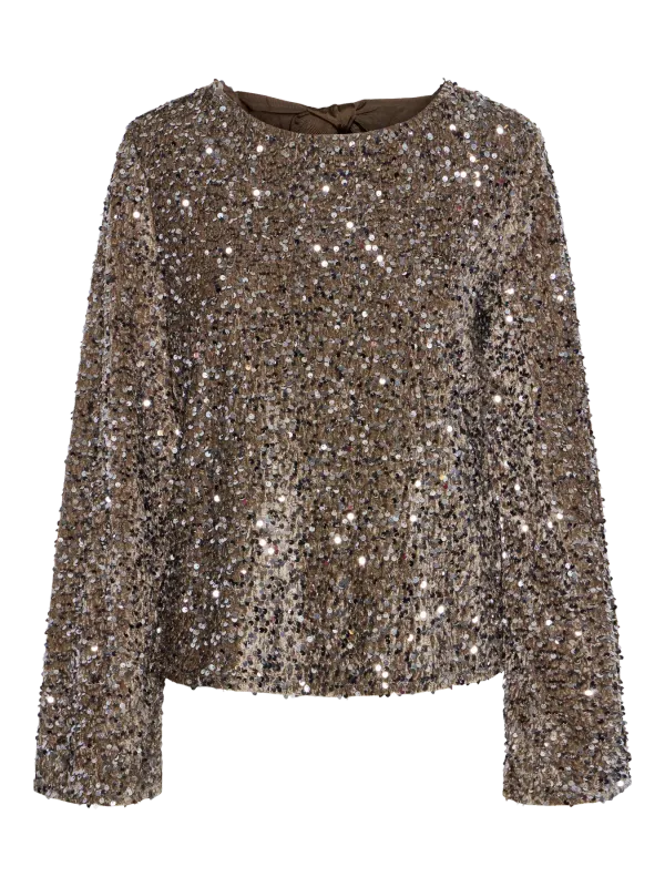 Pieces PCKAM LS DEEP BACK BOW TOP JRS BC Morel/Silver sequins 17153626