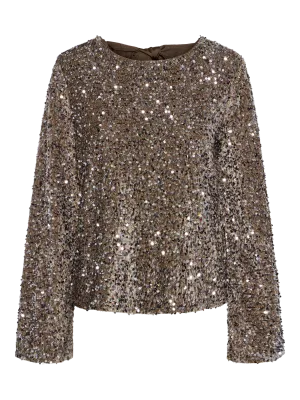 Pieces PCKAM LS DEEP BACK BOW TOP JRS BC Morel/Silver sequins 17153626