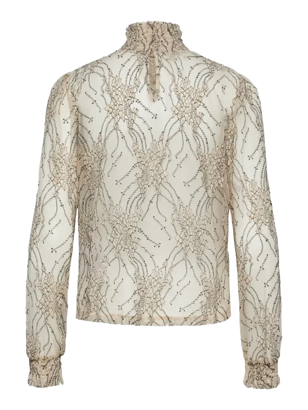 Pieces PCKYLIE LS LACE TOP Gilded Beige/BLACK 17118700