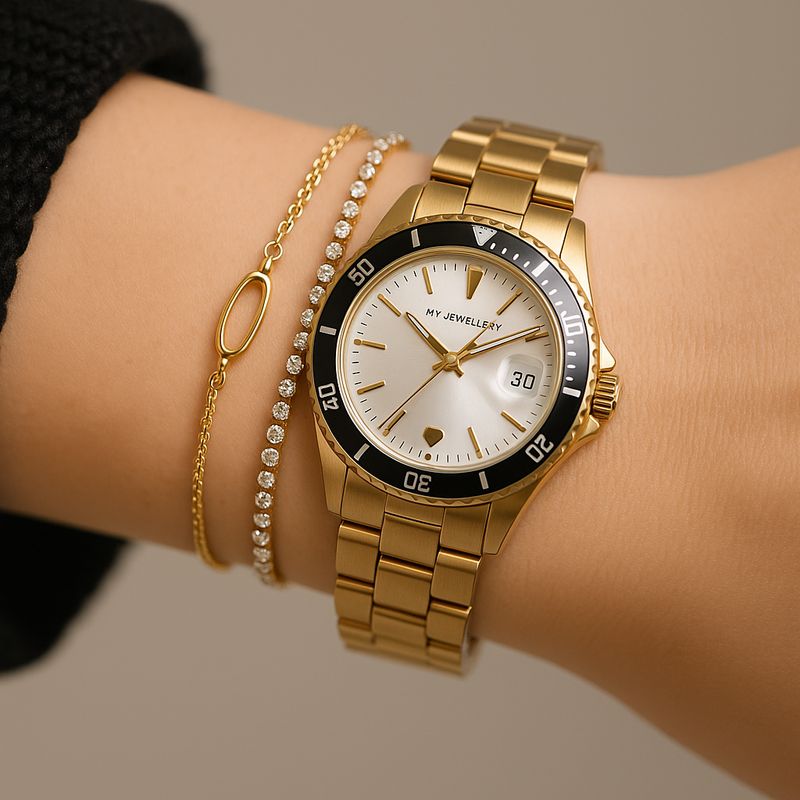 My Jewellery Horloge Brede Schakels Goud/Zwart
