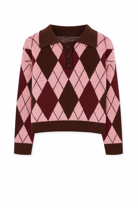 Sophie & Me polo sweater ruit choco/pink Jp-8313