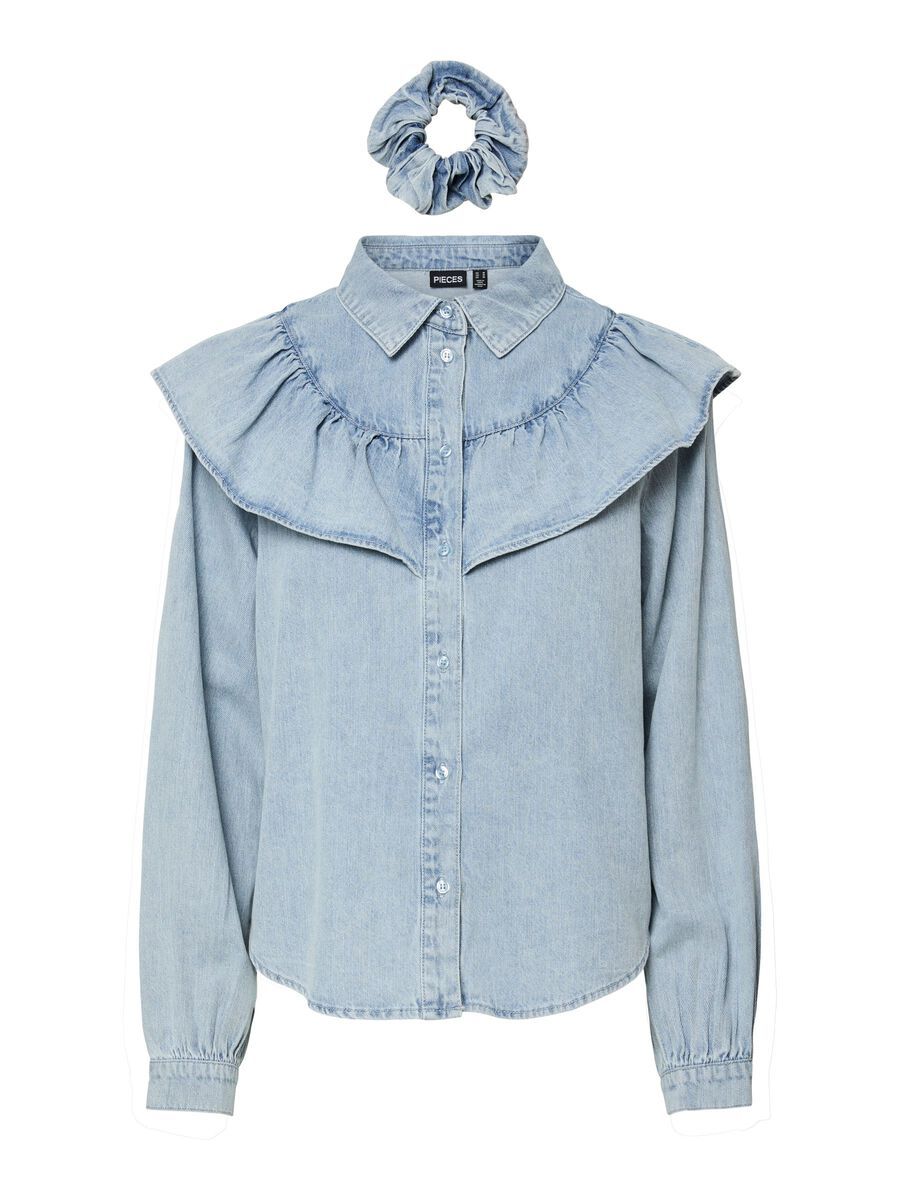 Pieces PCBIRKE LS RUFFLE DENIM SHIRT Light Blue Denim/LACE W/O RUFF 17163127