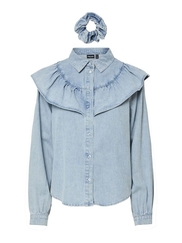 Pieces PCBIRKE LS RUFFLE DENIM SHIRT Light Blue Denim/LACE W/O RUFF 17163127