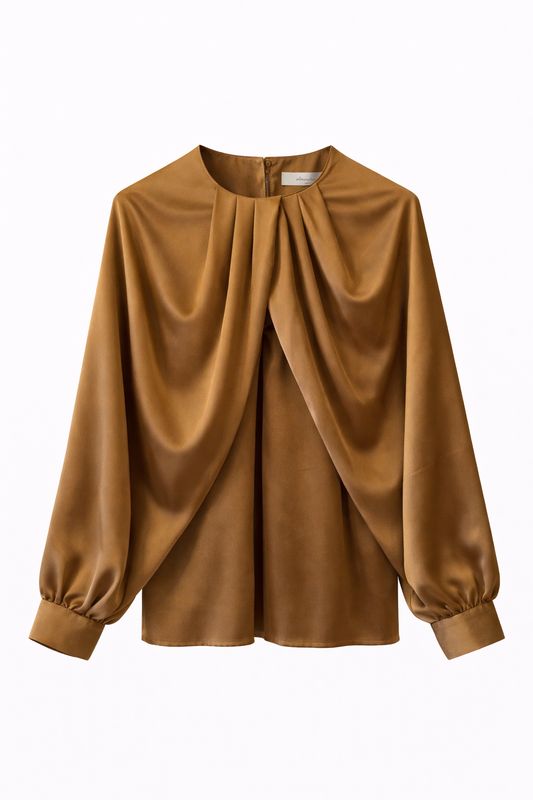 65527 Satijnen blouse ballon mouw - Ambika - bruin