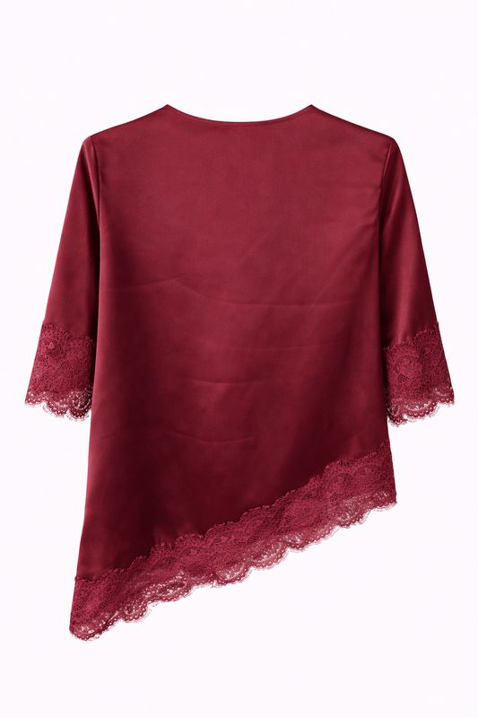 Ambika Asymmetrisch Satijnen Shirt Kant Burgundy 65598