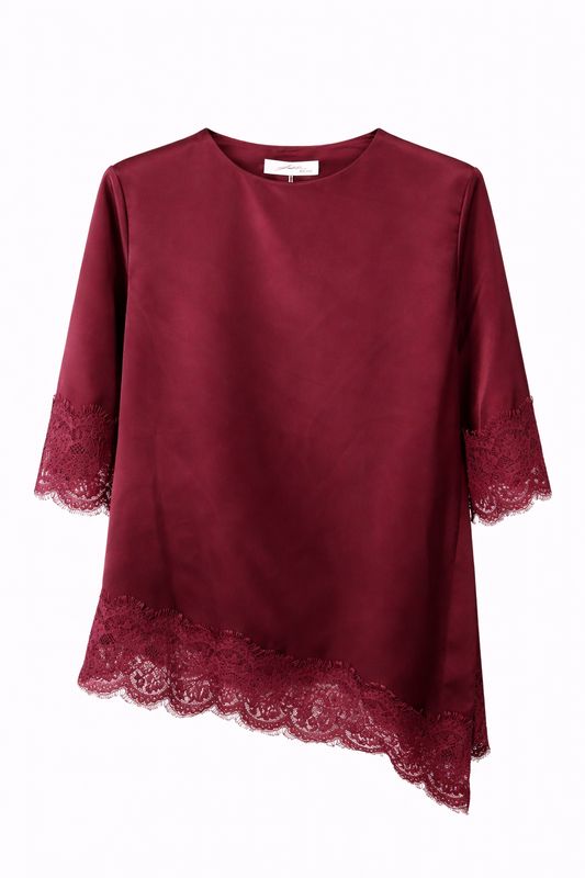 Ambika Asymmetrisch Satijnen Shirt Kant Burgundy 65598