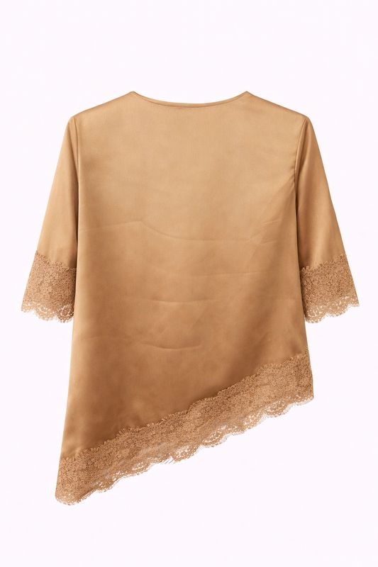 Ambika Asymmetrisch Satijnen Shirt Kant Cognac 65598