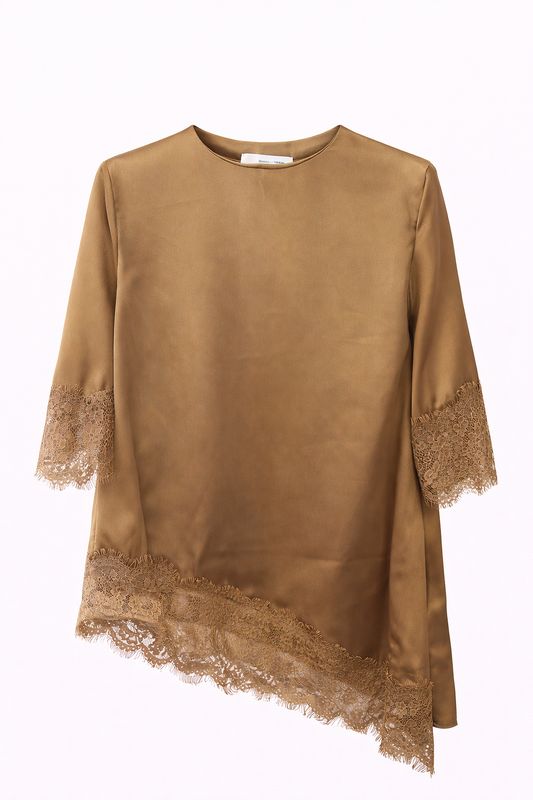 Ambika Asymmetrisch Satijnen Shirt Kant Cognac 65598