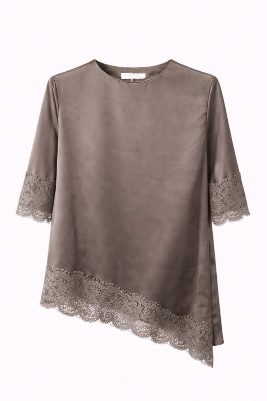 Ambika Asymmetrisch Satijnen Shirt Kant Taupe 65598
