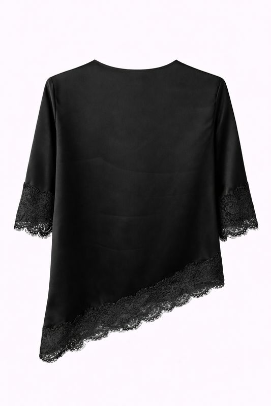 Ambika Asymmetrisch Satijnen Shirt Kant Zwart 65598
