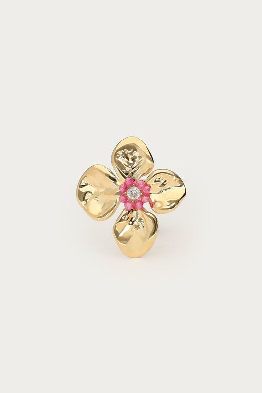 My Jewellery Botanical ring met bloem en roze kralen Gold MJ15463