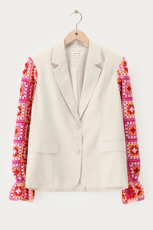 My Jewellery Beige blazer met roze crochet mouwen MJ14994