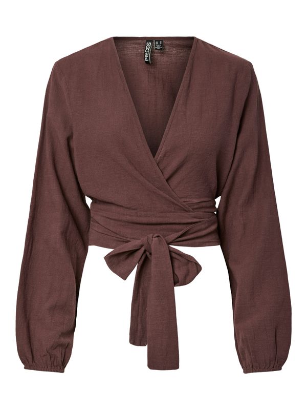 Pieces PCAGNES LS CROPPED TIE TOP WVN BC Deep Mahogany 17163236