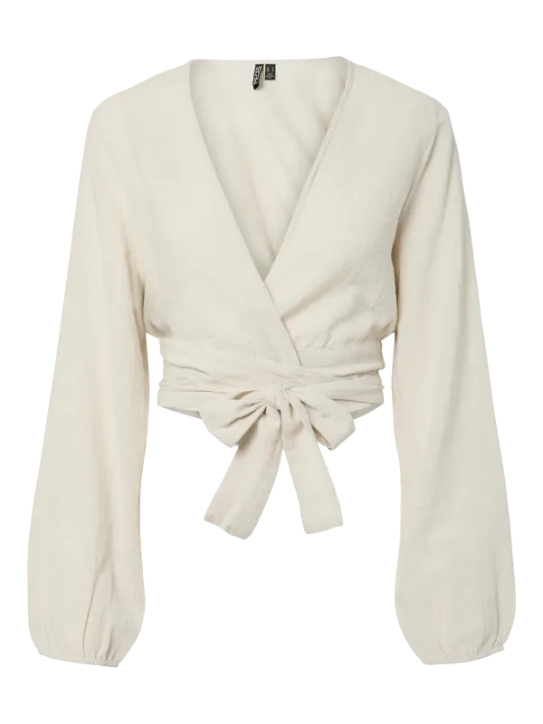 Pieces PCAGNES LS CROPPED TIE TOP WVN BC Natural 17163236