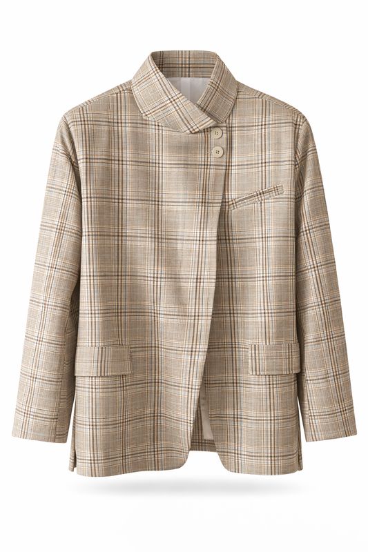 Ambika blazer ruit en kraag coffee plaid Igone-01