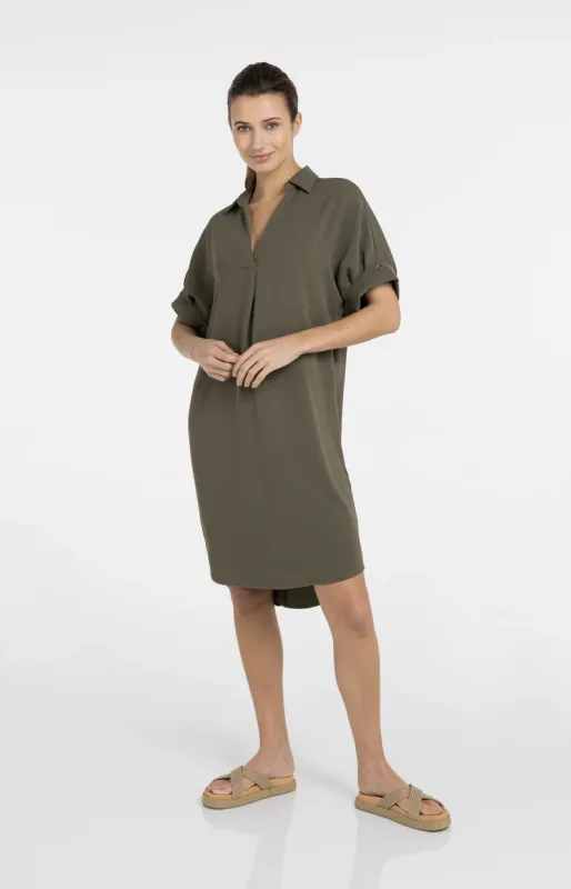 YaYa V-neck dress with pleated sleeve ARMY GREEN 01-601218-604