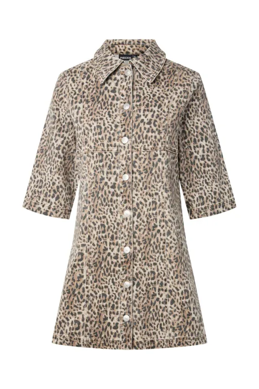 Pieces PCSALUME 3/4 DRESS DNM Birch/LEO PRINT / WA 17166200