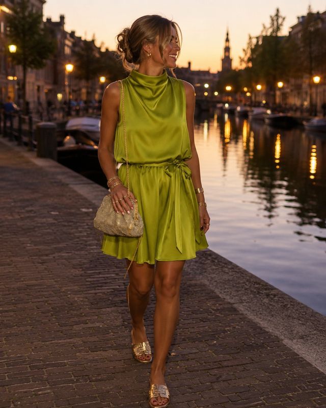 Ambika Jurk haltertop Satijn lemon green 70815