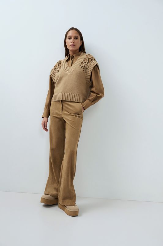 YaYa Suede broek met wijde pijpen OTTER BROWN 01-309283-609