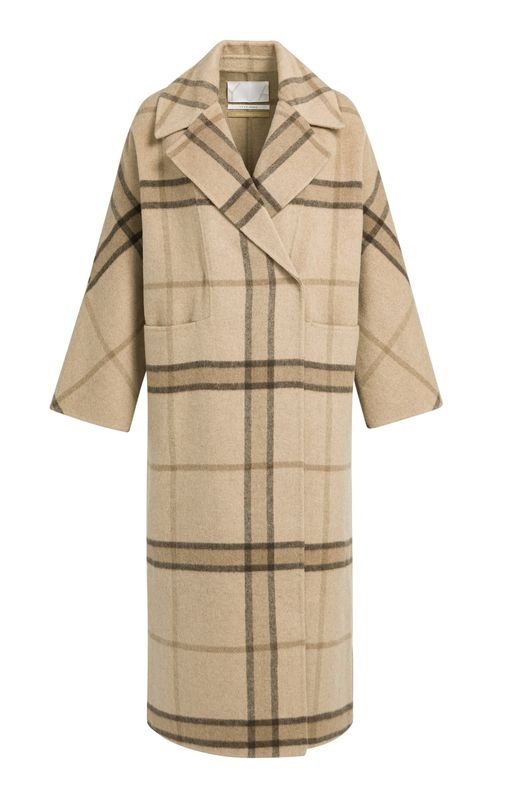 YaYa Lange geweven jas wollen mix geruit CORNSTALK BROWN DESS 02-011027-609