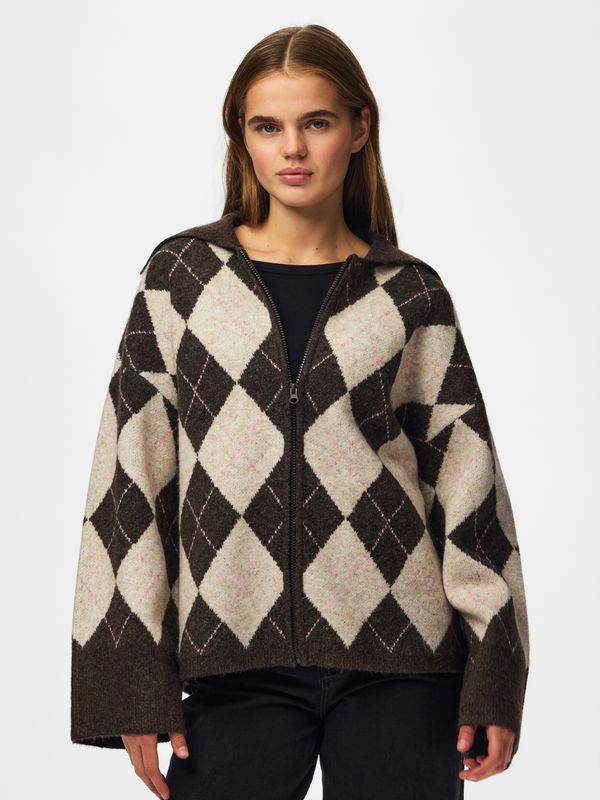 Pieces PCALVA LS LOOSE CHECK KNIT CARDIGAN Hot Fudge/w. Birch + Sea Pink 1716918
