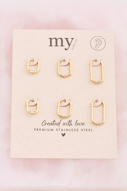 My Jewellery Earparty 3 sets square strass hoops Gold MJ16625