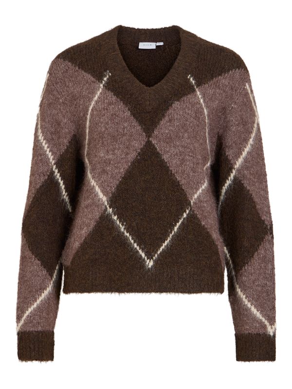 Vila VITOLISE V-NECK L/S CHECK KNIT TOP/ Coffee Bean/DARK NATURAL MELAN 14119552