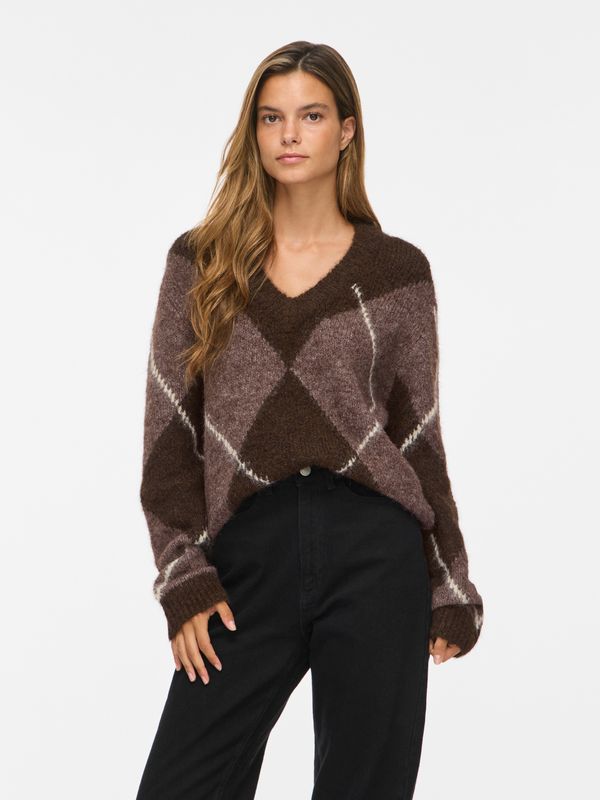 Vila VITOLISE V-NECK L/S CHECK KNIT TOP/ Coffee Bean/DARK NATURAL MELAN 14119552