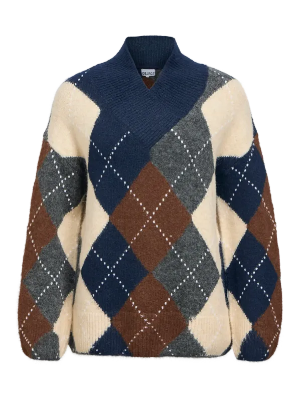 Object OBJBRENDA L/S LO V-NECK PULLOVER Sky Captain/Melange + check 23050272