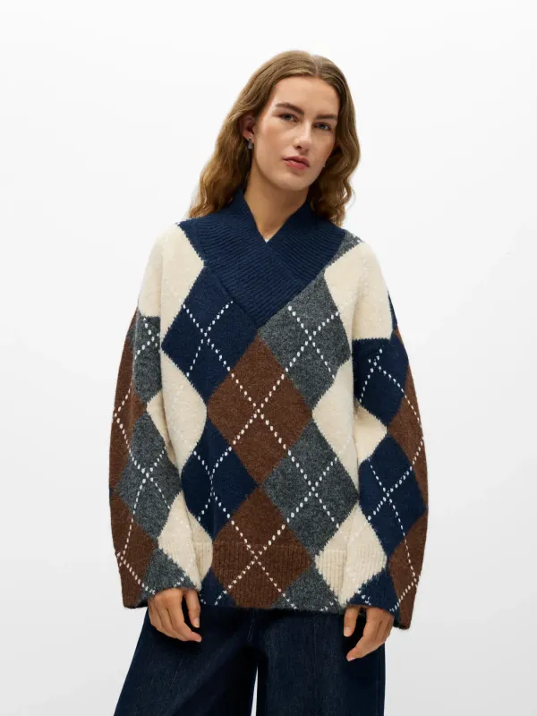 Object OBJBRENDA L/S LO V-NECK PULLOVER Sky Captain/Melange + check 23050272