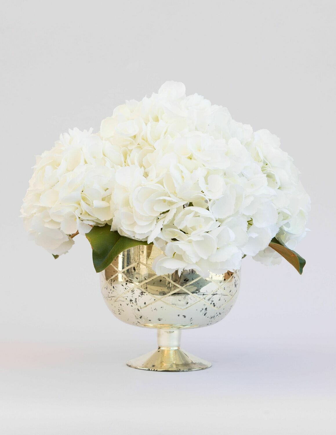 Large White Hydrangeas and Magnolia Leaves In Pedestal Mercury Vase
White
