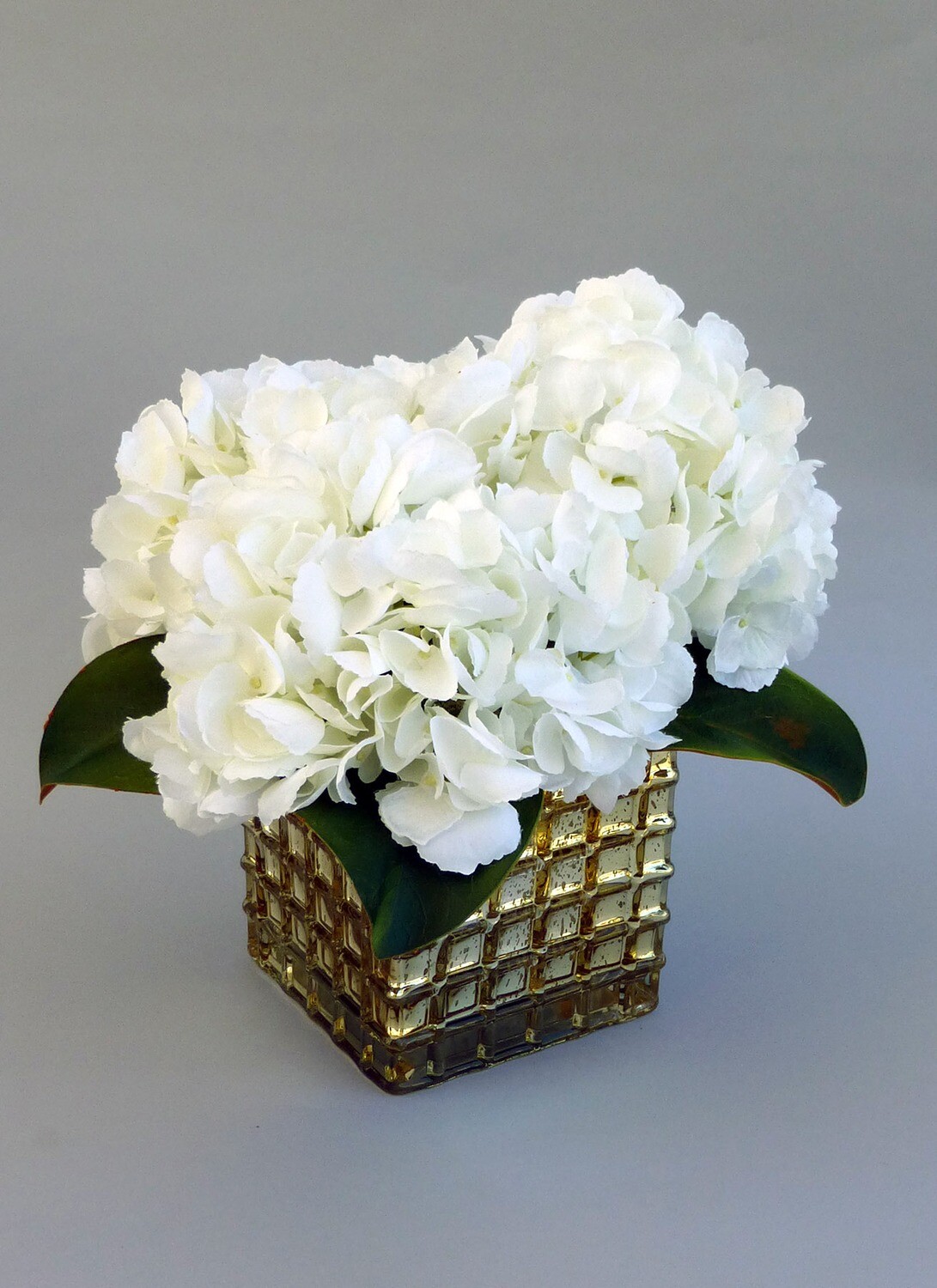 White Hydrangeas in Square Antiqued Silver Mercury Waffle Vase
White