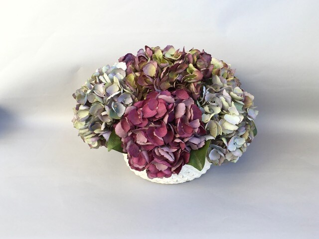 Purple, Green/Purple and Blue Lavender Hydrangeas in a round concrete bowl