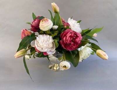 Peonies, Tulips, Roses and Ranunculus in a Pedestal Mercury Vase
