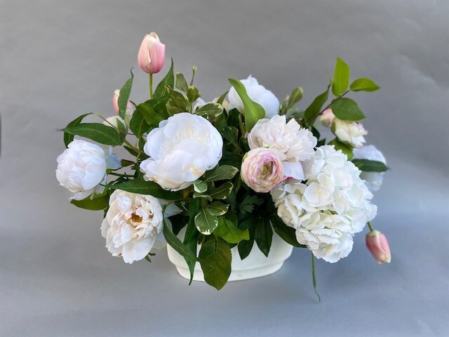 Floral with Peonies, Hydrangea and tulips in a Painted Concrete vase