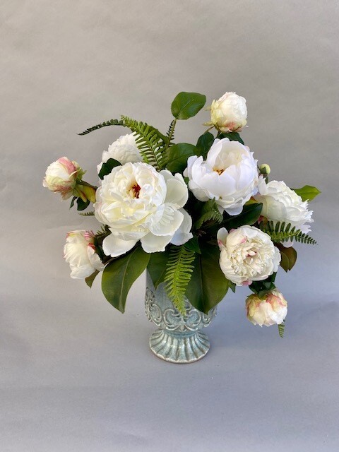 Mixed White Peonies in a Crackled Blue Pedestal Vase