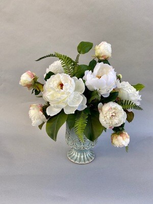 Mixed White Peonies in a Crackled Blue Pedestal Vase Mixed White Peonies in a Crackled Blue Pedestal Vase