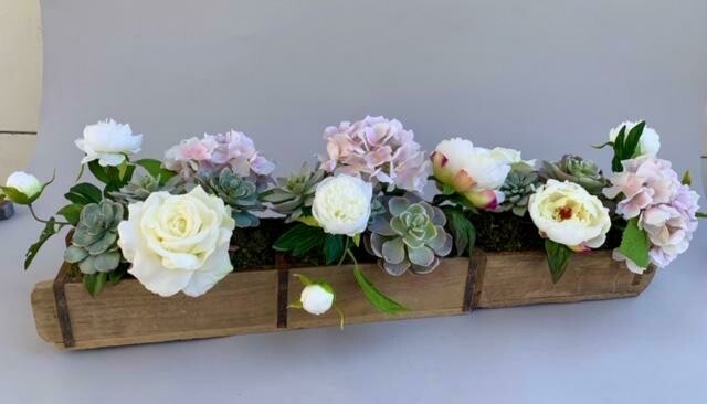 Hydrangeas, Roses, Peonies with Succulents in a Brick Mold