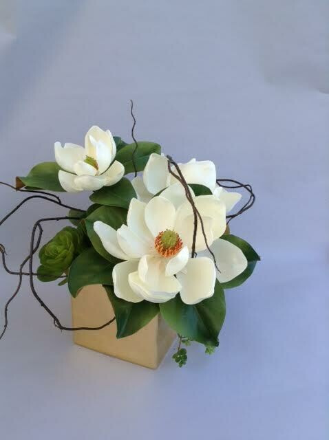 Triple Magnolias in a Gold Leaf Vase