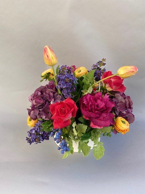 Bright Mixed Floral with Lilac, Roses and Peonies in a White Bowl