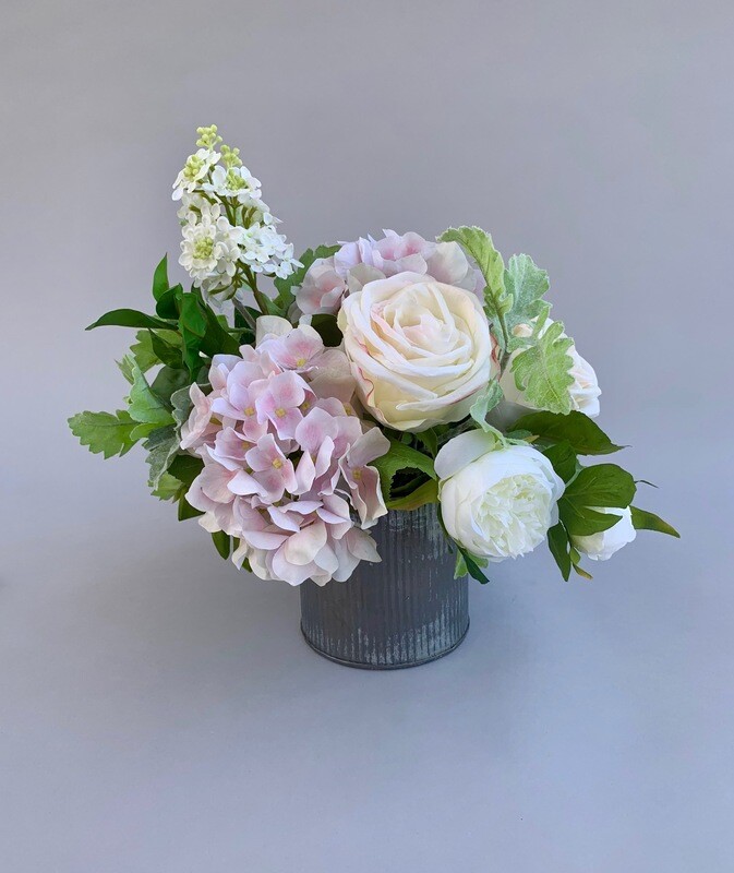 Pink Hydrangeas, White Lilac, Peonies and Roses in a Tin