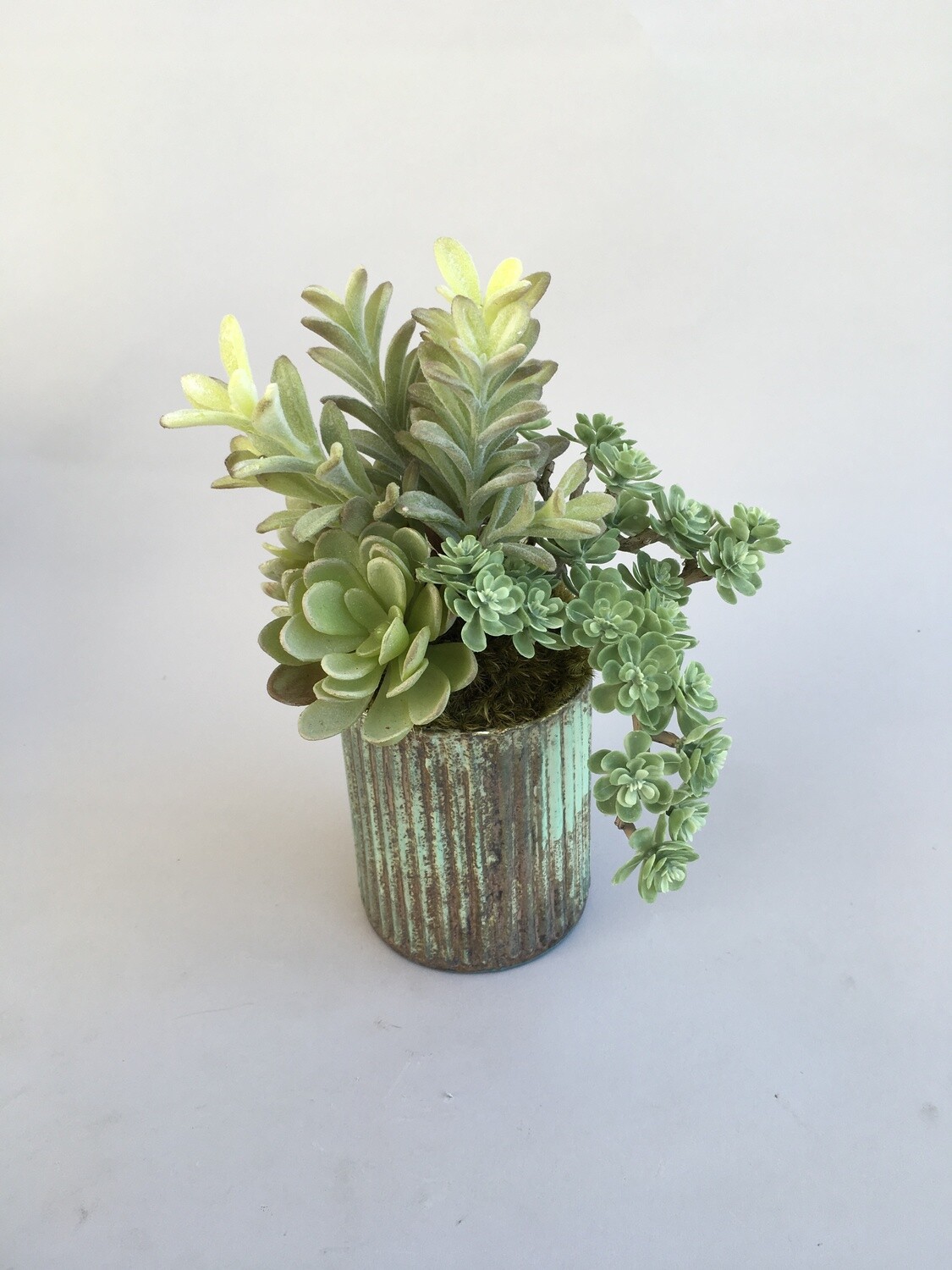 Donkey tail and mixed sedum succulents in a mercury patina vase