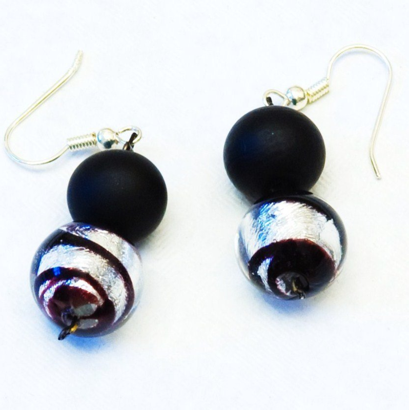 Boucles d'oreilles Saturne Noir et feuille d'argent