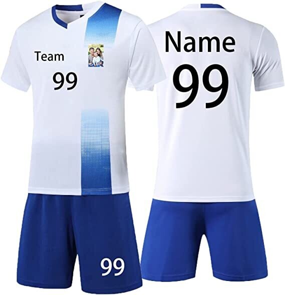 Personalized Soccer Jersey Short Kids Adults with Name Number Team and Logo WHITE&amp;BLUE